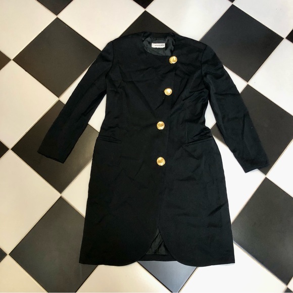 Vintage 80s George Rech Paris Black Crepe Dress Matte Goldtone Buttons Midi sz M - Picture 1 of 13